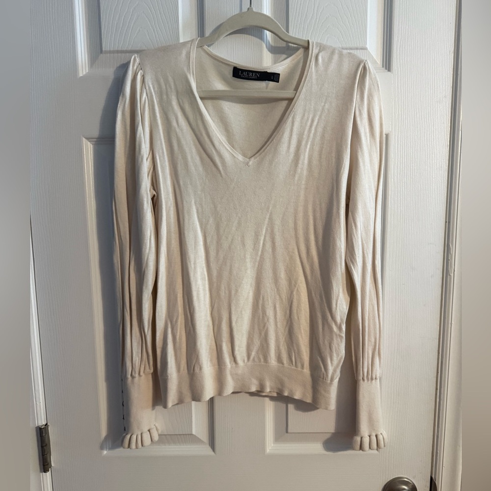 Lauren Ralph Lauren Cream V-Neck‎ Sweater Size L Button Cuff Puff Sleeve